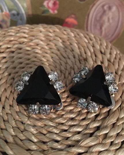Vintage Art Deco style black crystal rhinestone clip on earrings