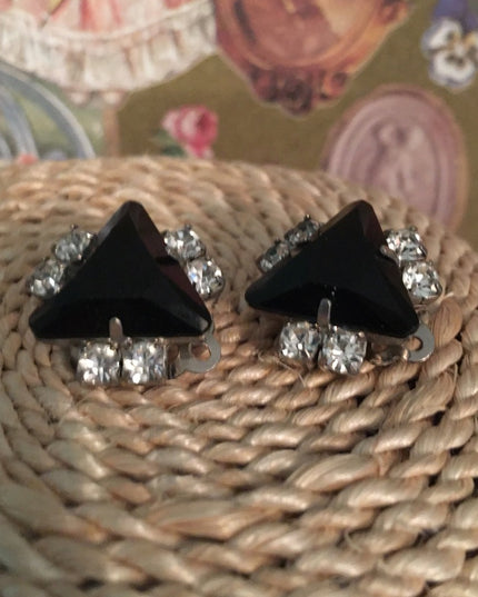 Vintage Art Deco style black crystal rhinestone clip on earrings