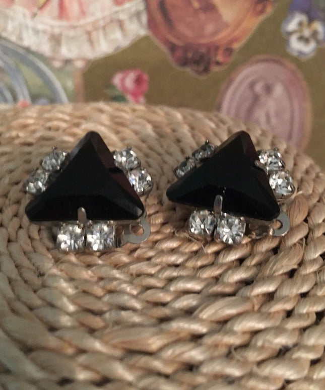Vintage Art Deco style black crystal rhinestone clip on earrings