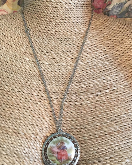Beautiful Victorian scene silver finish large vintage pendant necklace cameo