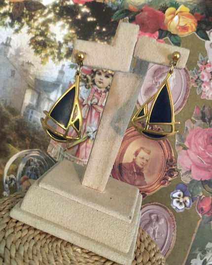 Beautiful blue enamel gold finish Vintage Sailboat earrings 1” Nautical