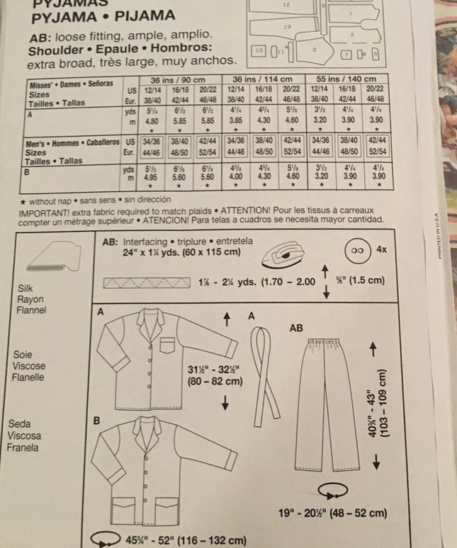 Burda sewing pattern Pajamas mens & womens