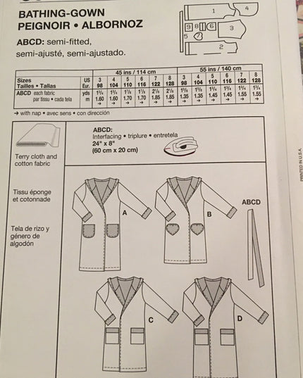 Burda sewing pattern childs bathrobe sz 3-8