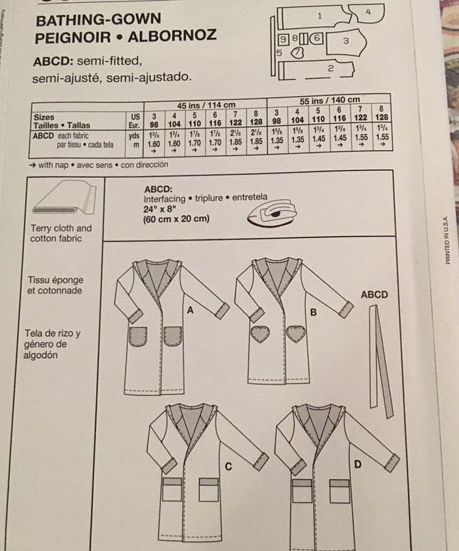 Burda sewing pattern childs bathrobe sz 3-8