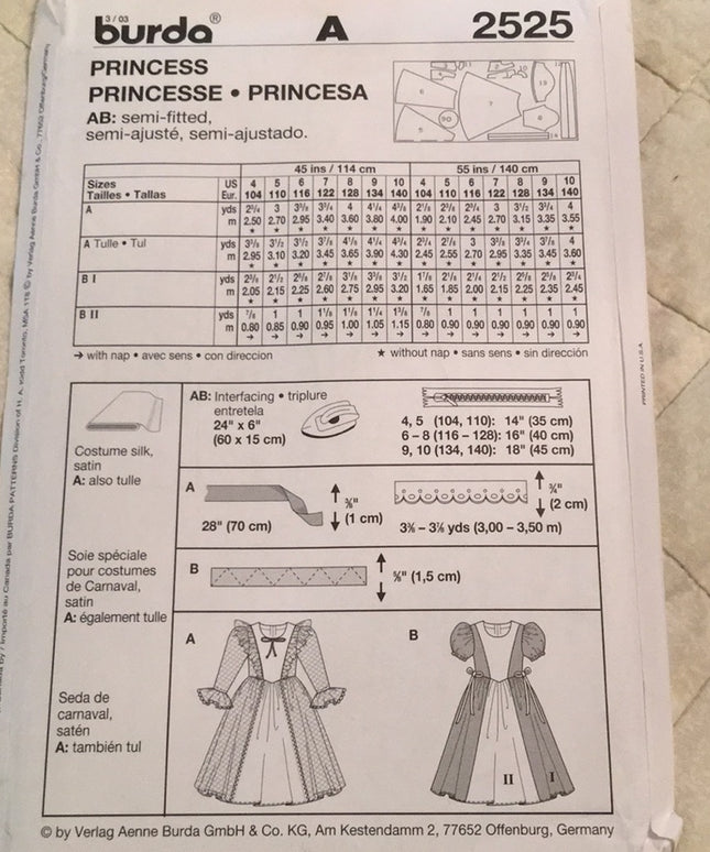 Burda Girls Princess costume sewing pattern 4-10