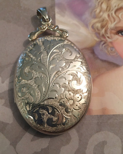 Antique Victorian English Etched Victorian Locket Sterling silver 925 LARGE