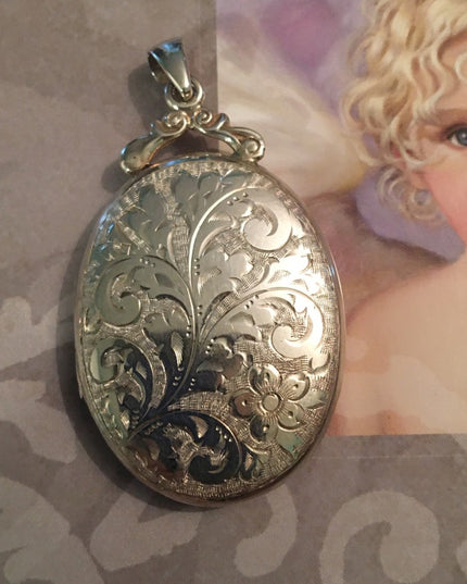 Antique Victorian English Etched Victorian Locket Sterling silver 925 LARGE