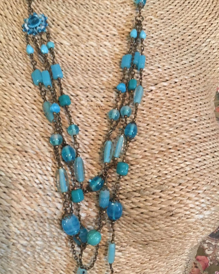 Vintage 3 strand long blue glass necklace 36”