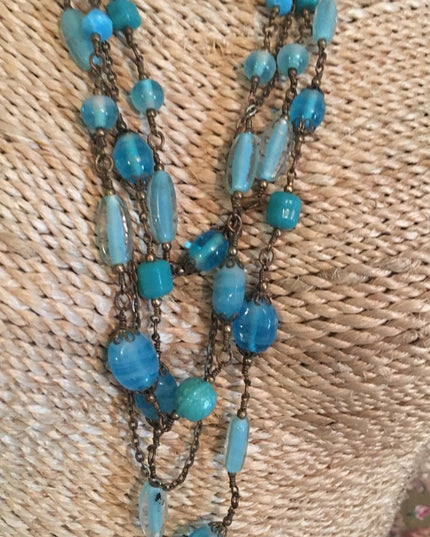 Vintage 3 strand long blue glass necklace 36”