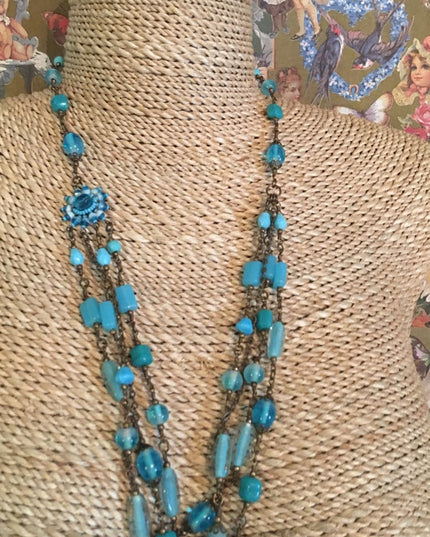 Vintage 3 strand long blue glass necklace 36”