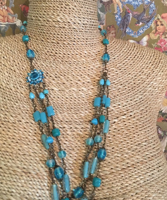 Vintage 3 strand long blue glass necklace 36”