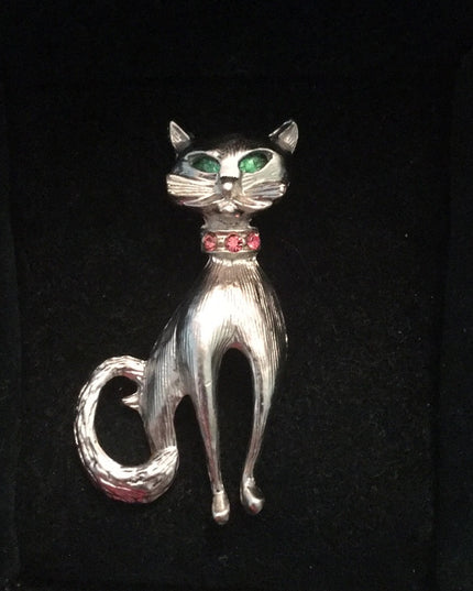 Vintage silver finush fancy Cat brooch w/ crystals