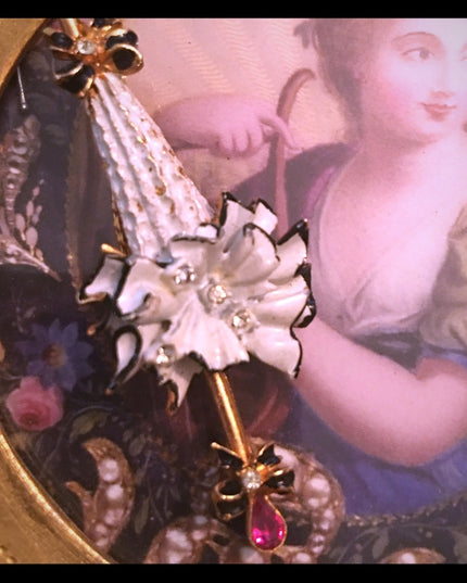Vintage Fair lady fancy umbrella crystal enamel brooch