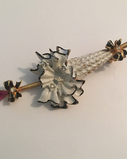 Vintage Fair lady fancy umbrella crystal enamel brooch