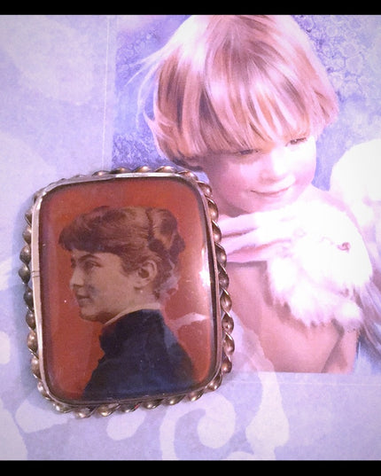 Antique rose gold Cameo brooch painted lady Victorian portrait