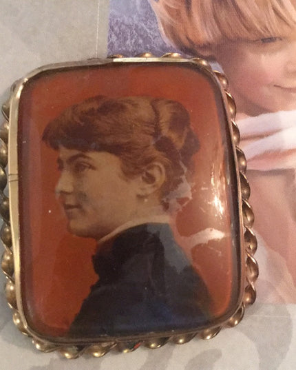 Antique rose gold Cameo brooch painted lady Victorian portrait