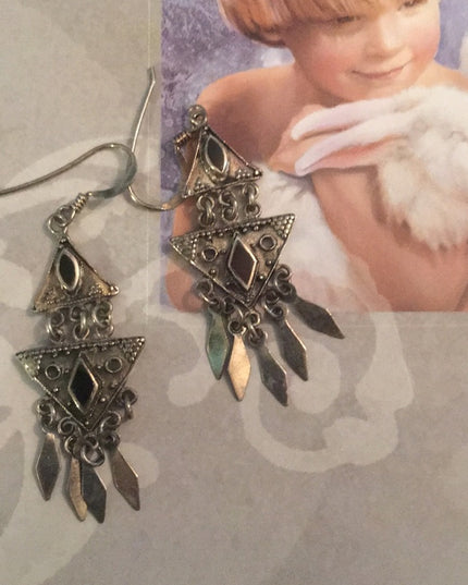 Vintage sterling silver 925 fancy black onyx dangle earrings
