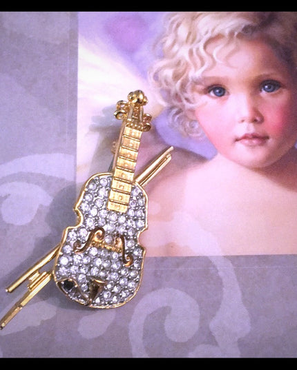 Vintage 1980s gold finish Butler rhinestone crystal violin brooch FAC