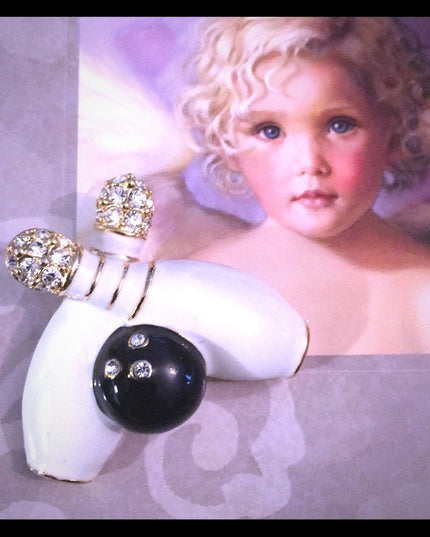 Vintage bowling pin brooch enameled crystal
