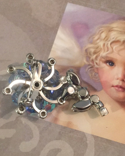 Vintage blue rhinestones & crystal flower brooch 1960s Juliana