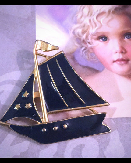 Vintage blue enamel gold finish sailboat sailing brooch