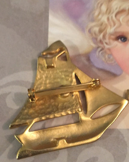Vintage blue enamel gold finish sailboat sailing brooch