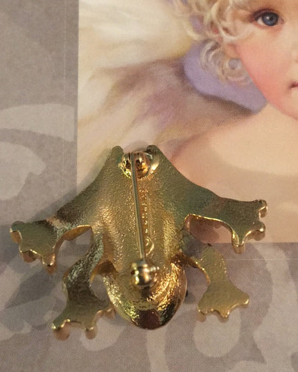 Vintage D’Orlan frog rhinestone crystal RARE brooch 1.3” gold finish