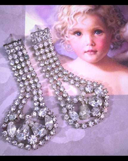 Vintage crystal fancy silver finish rhinestone glass dangle earrings