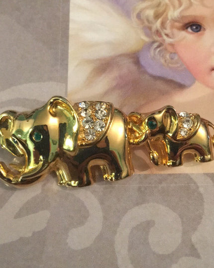Vintage gold finish crystal elephant brooch