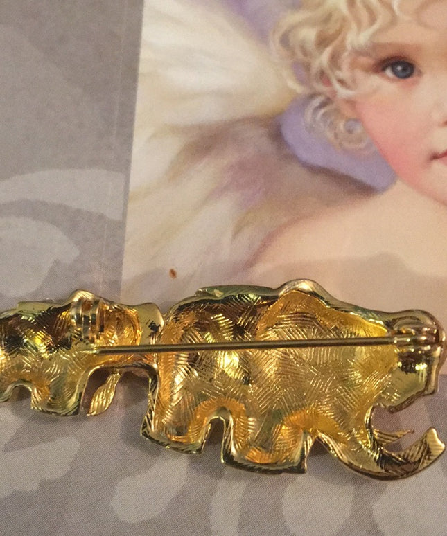 Vintage gold finish crystal elephant brooch