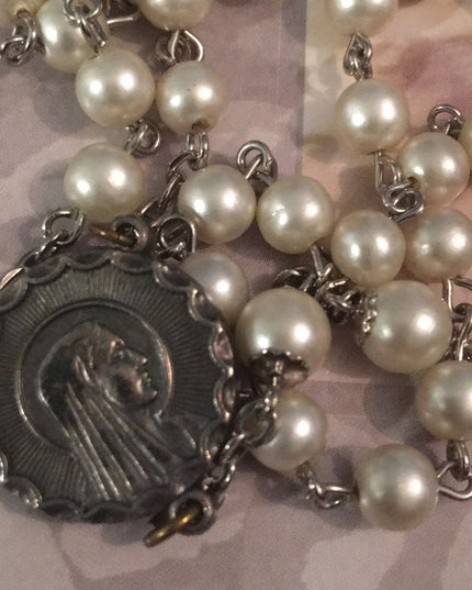 Vintage faux pearl rosary Italy silver finish Catholic religious Crucifix