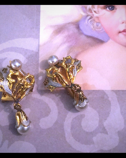 Vintage gold plated Spain clip on Damascene pearl earrings