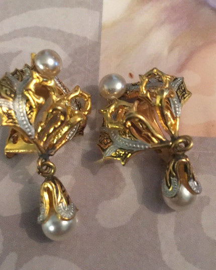Vintage gold plated Spain clip on Damascene pearl earrings