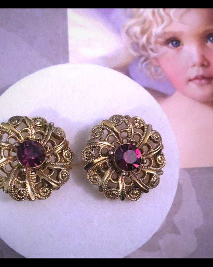 Vintage purple crystal gold finish round filagree earrings