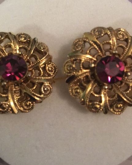 Vintage purple crystal gold finish round filagree earrings