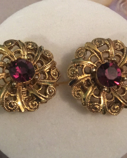 Vintage purple crystal gold finish round filagree earrings