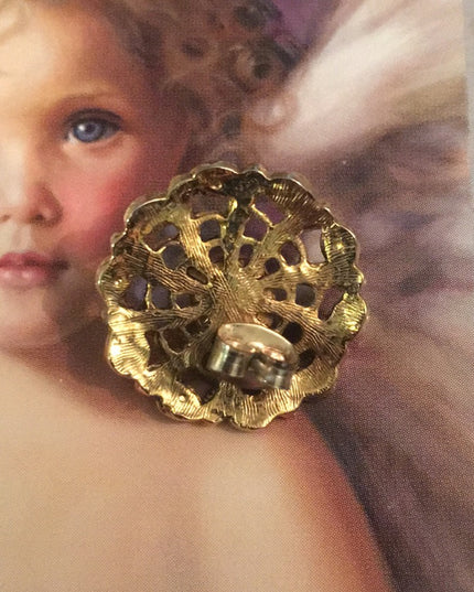 Vintage purple crystal gold finish round filagree earrings