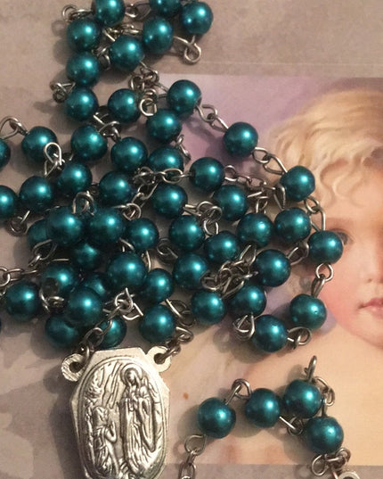 Vintage green faux pearl rosary crucifix Catholic