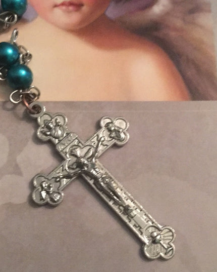 Vintage green faux pearl rosary crucifix Catholic
