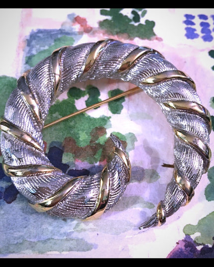 Vintage Silver gold finish fancy swirl brooch Large