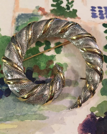 Vintage Silver gold finish fancy swirl brooch Large