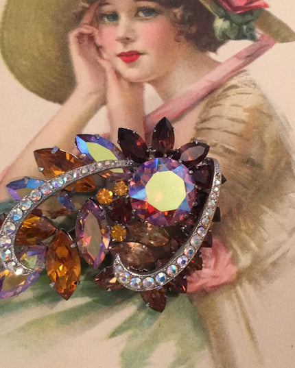 Stunning vintage crystal amber AB brooch fancy flower