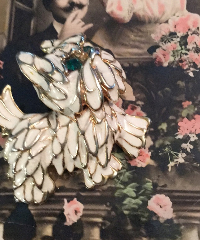 Beautiful vintage white enamel fancy dog brooch crystal