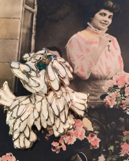 Beautiful vintage white enamel fancy dog brooch crystal