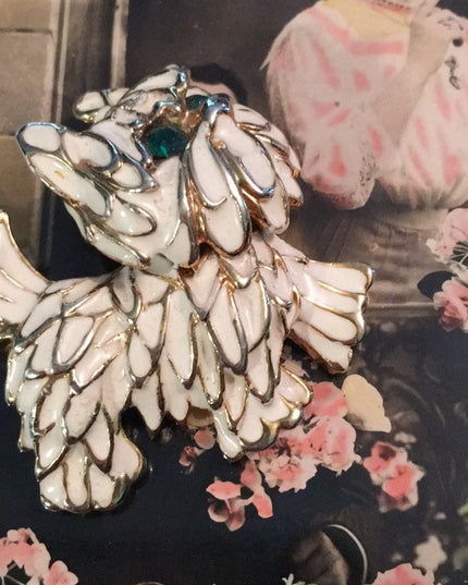 Beautiful vintage white enamel fancy dog brooch crystal
