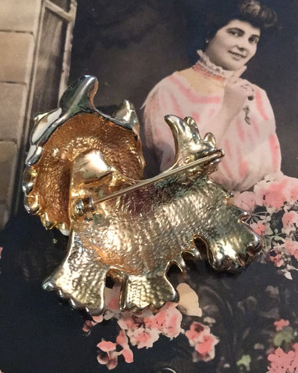 Beautiful vintage white enamel fancy dog brooch crystal