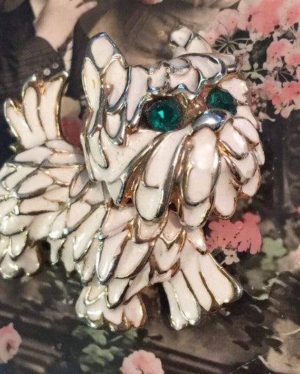 Beautiful vintage white enamel fancy dog brooch crystal
