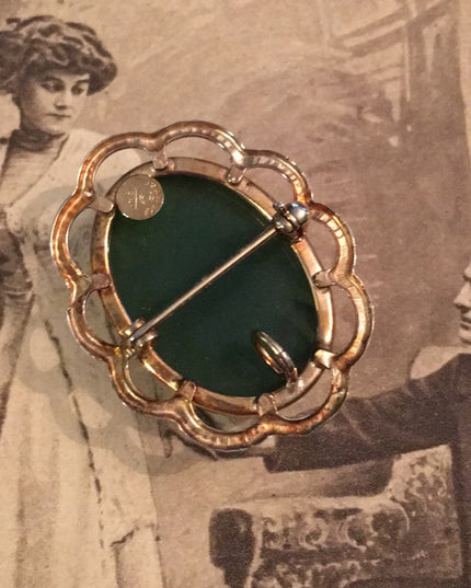 Vintage 12k Gold filled Jade Pendant Carved brooch