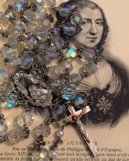 22” Vintage Catholic crucifix religious crystal rosary Beauty!