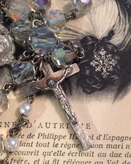 22” Vintage Catholic crucifix religious crystal rosary Beauty!